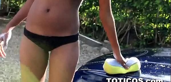  Topless Dominican teen Barbie washes Volkswagen with the top down